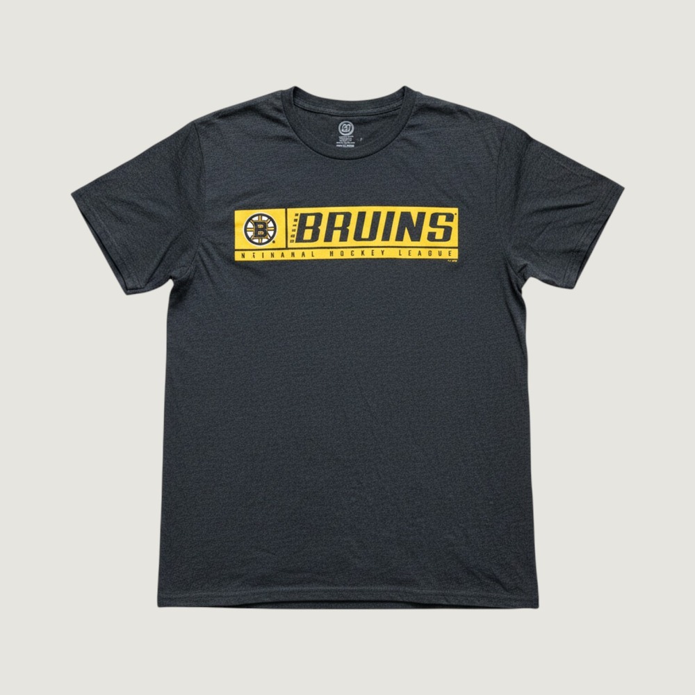 Boston Bruins NHL T-Shirt Charcoal Heather Grey Yellow Graphic Tee Medium